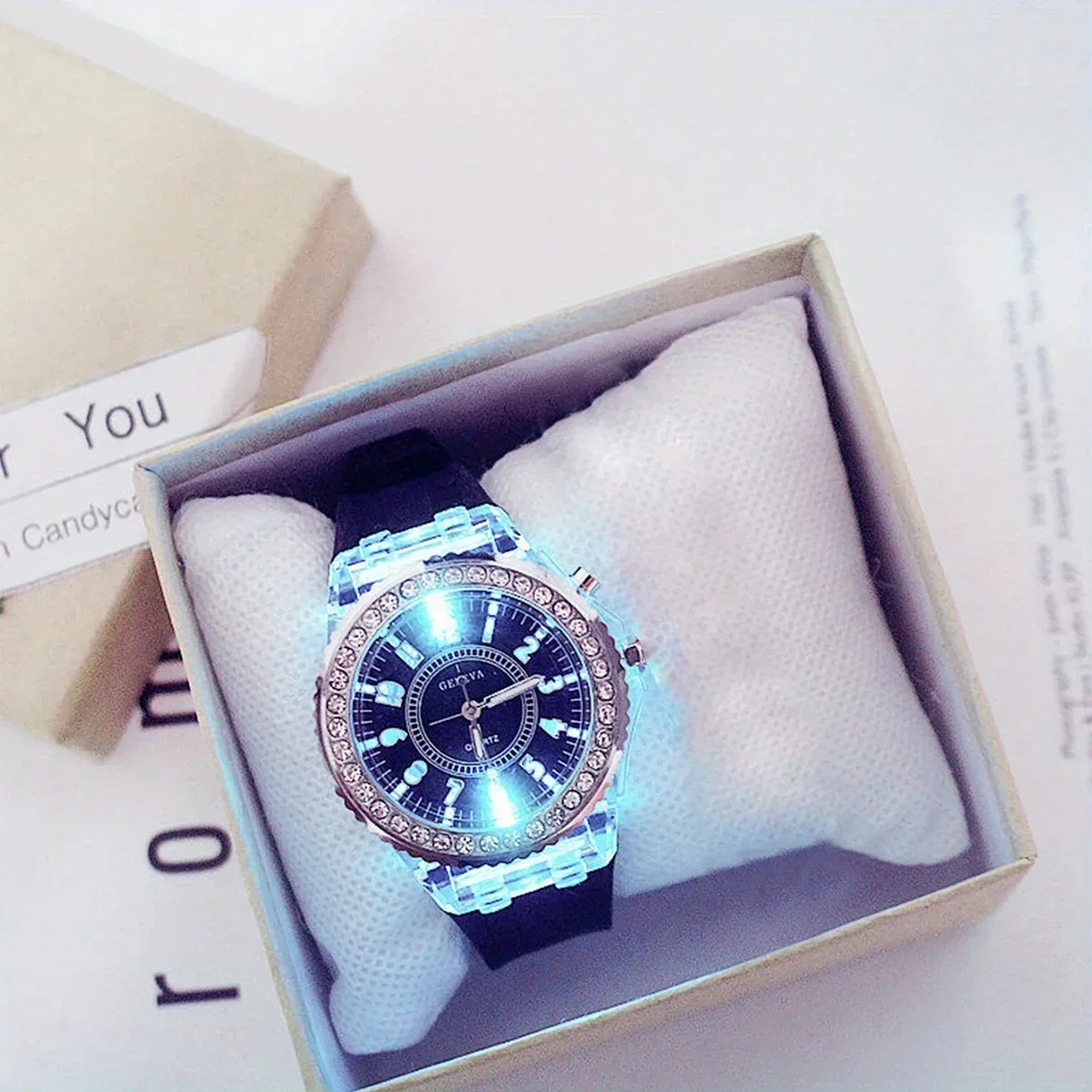 Luminous Round Digital Watches Solid Color Inlaid Rhinestone Sports Watch Couple Waterproof Wrist Watch image 4