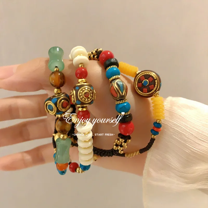 Vintage Nipple Bead Double Woven Bracelet for Women Men Ethnic Tibetan Style Precious Stone Jewelry Exotic Charm Blessing Gifts