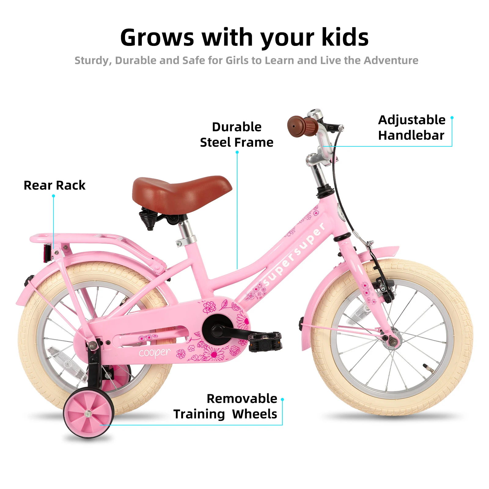 JOYSTAR fiets voor peuters en kinderen van 2-12 jaar, 12" 14" 16" kinderfiets met zijwieltjes, 20 inch fiets met standaard, roze