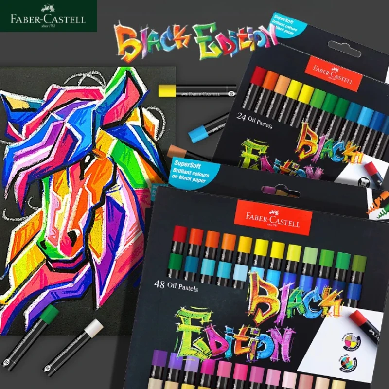 Faber‑Castell Black Edition 24/36/48 Colors Super‑Soft Oil Pastels, Rich‑Pigment Oil Crayons with White & Metallic Art Supplies