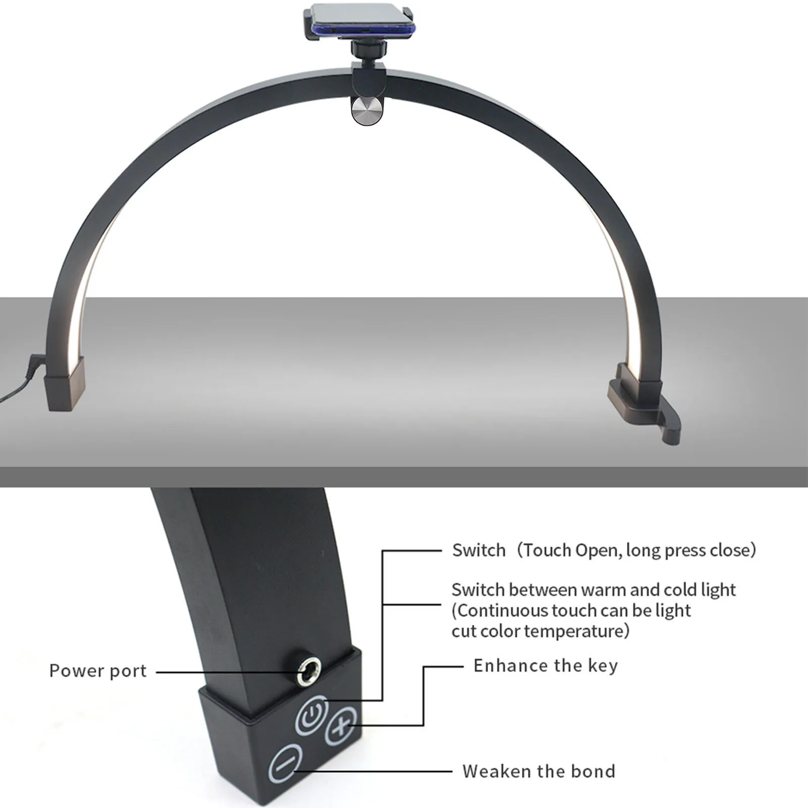 20 Inch Half Moon Nail Desk Lamp Foldable High Color Rendering 20W Touch Key Half Moon Fill Light with Phone Clip for Nail Art - view 4