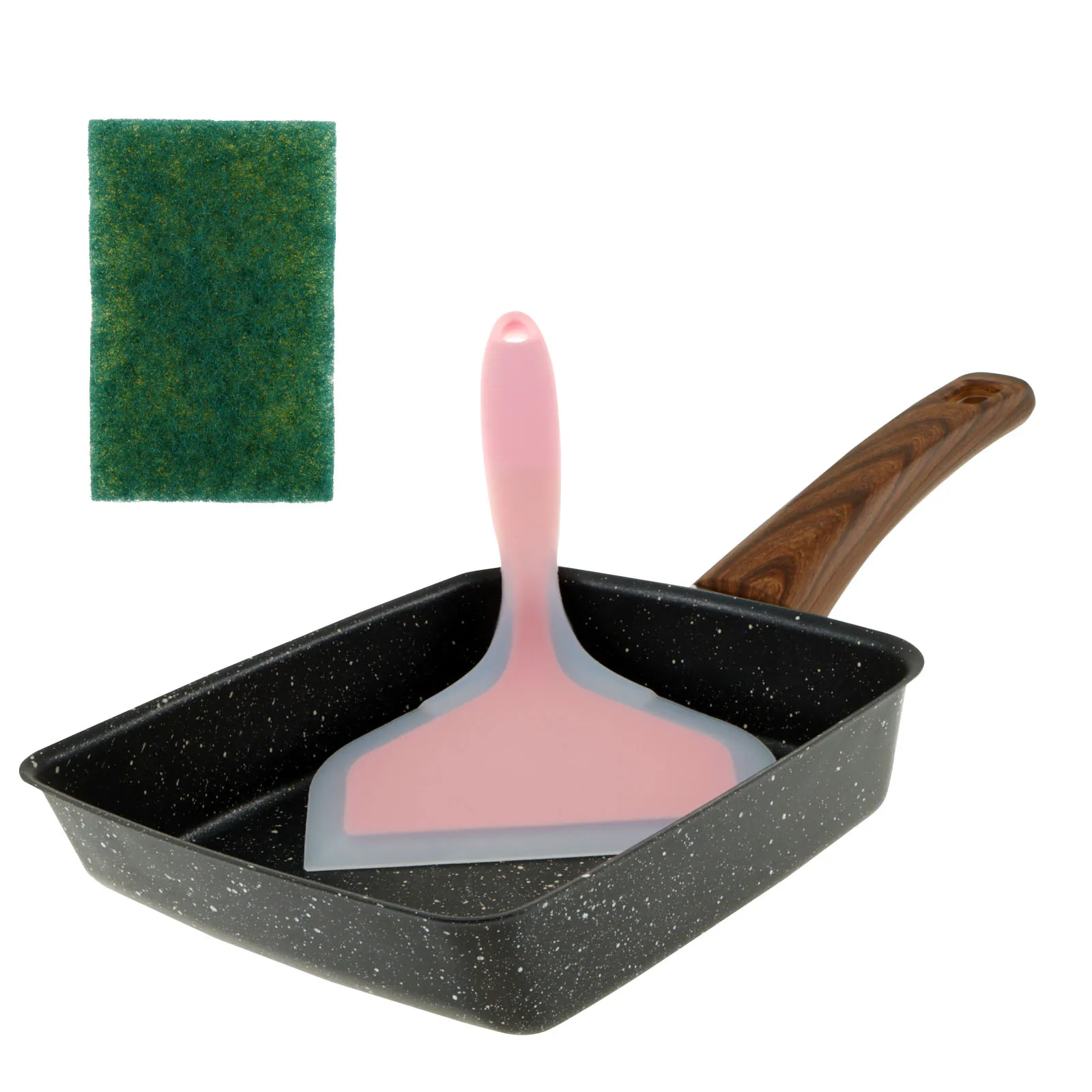 Sartén Tamagoyaki rectangular de hierro antiadherente, sartén para tortilla japonesa con esponja de espátula, sartén multifuncional para rollo de huevos para Cocina