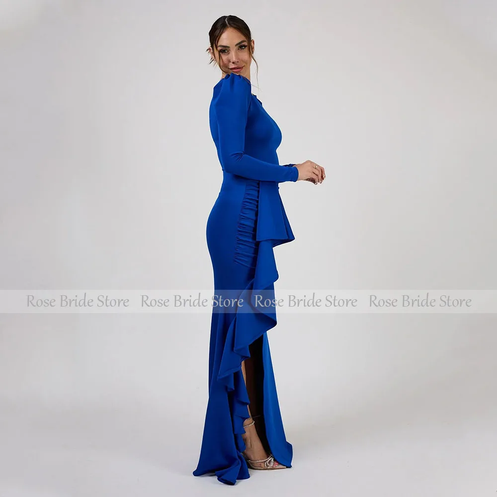 Vestidos de invitados de boda de color azul real para mujer, vestidos de noche de sirena de manga larga con escote redondo, vestido Formal elegante con abertura lateral y volantes 2025