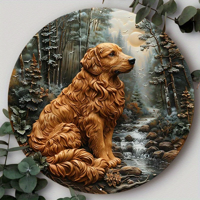 

Aluminum Metal Sign, 2D Flat Circular Wreath Logo, Tavern Club Home Scene Decoration, Golden Retriever, Decorative Wall Poster