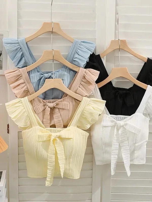 

Summer Solid Ruffled Camis Women Square Neck Sleeveless Bow Elastic Waist Strap Top Ladies Sweet Korea Short Tank top