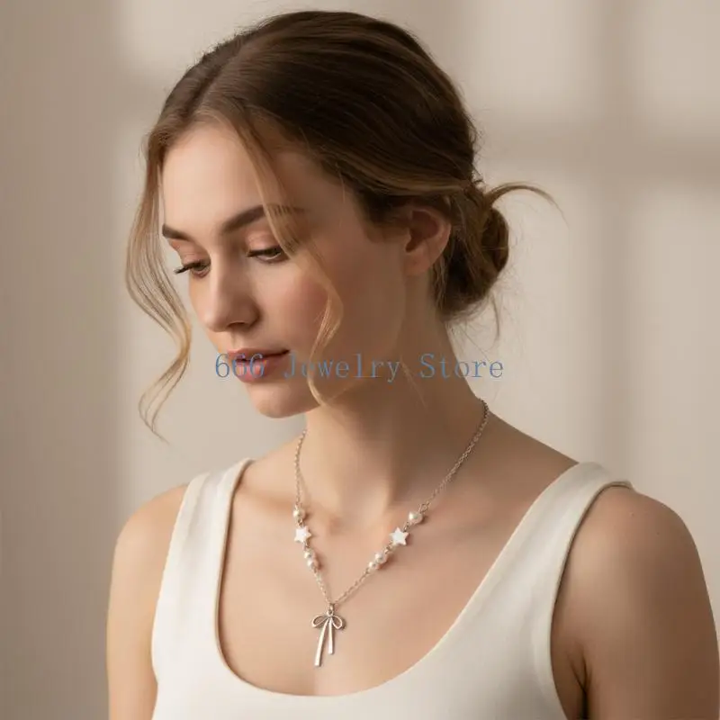 F2TD Stackable Star Bowknot Pearls Necklace Zinc Alloy Chain Jewelry Neck Chain Accessory For Women Special Occasion