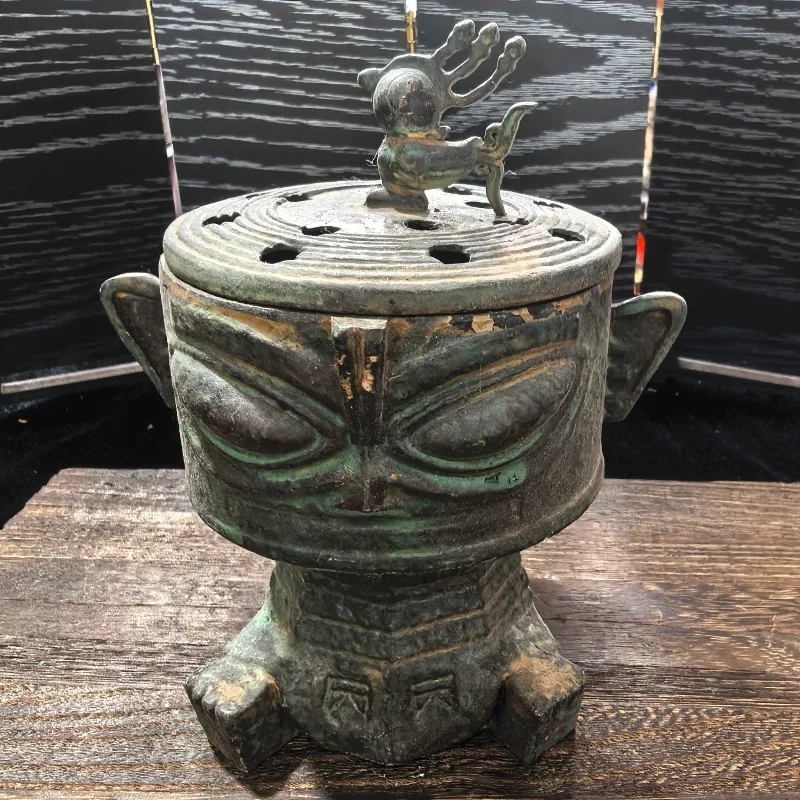 Retro Patina Sanxingdui Mask Incense Burner Chinese Antique Culture Censer Tabletop Decoration Collectible Craft Gift