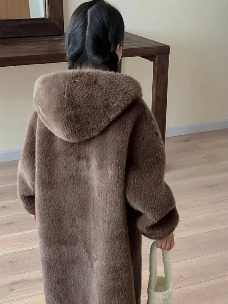 2024 Winter New Children's Faux Fur Jacket Imitation Mink Fur Coat Girls Warm Hooded Overcoat A4230