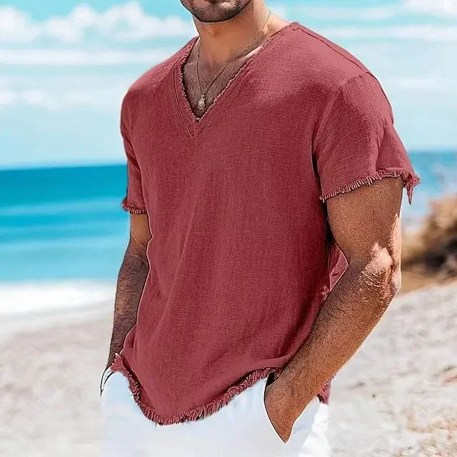 Herren Sommerhemd, Retro V-Ausschnitt Baumwolle-Leinen-Hemd, Hawaii Casual Kurzarm Strandhemd, Outdoor-Urlaubshemd – Detail 4