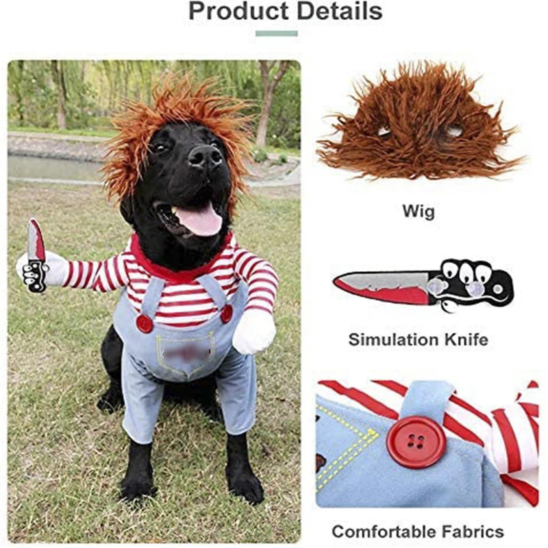 Pet Deadly Doll Dog Costume con coltello felpa con cappuccio Set Costume Cosplay regolabile per cani di Halloween cani di taglia piccola e media