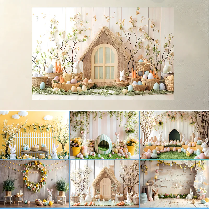Fröhliche Ostern Geburtstagshintergrund-Kulisse Blumig Babyblau Kinder-Babyparty-Hintergrund Osterei-Hasen-Thema Banner Foto-Requisite