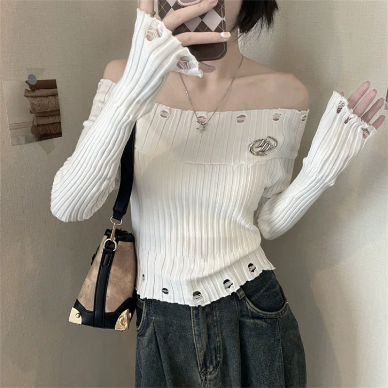 Old One-shoulder Sweater for Women's Autumn New Slim Base French Top