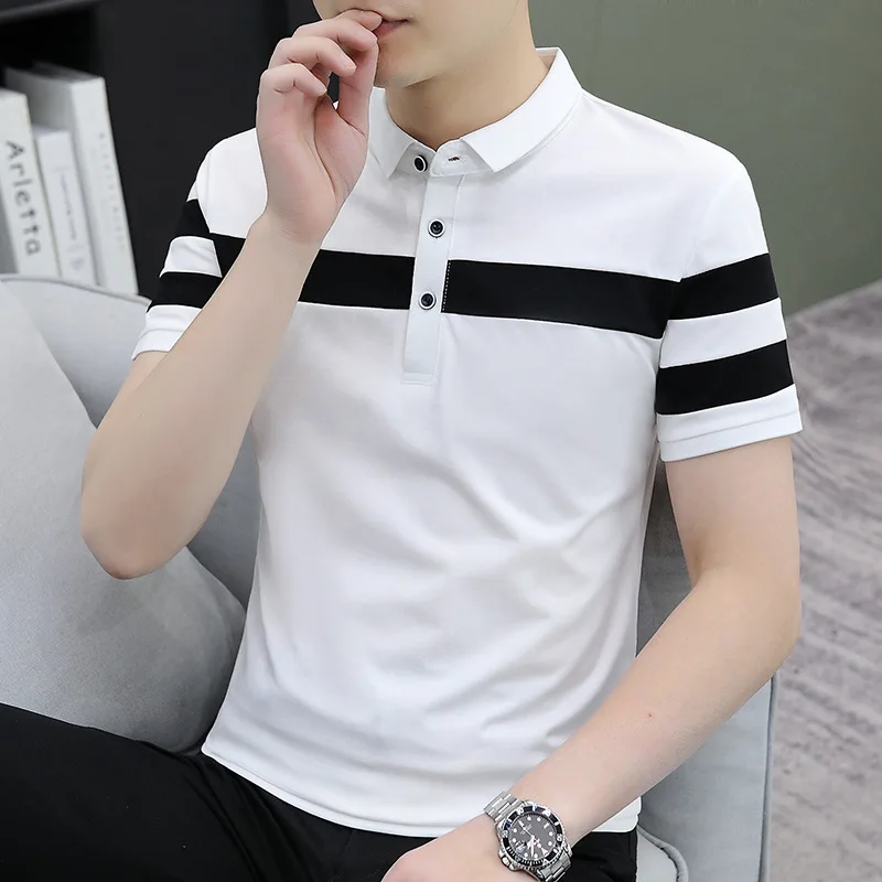Summer Men's Lapel Short sleeve T-shirt Fashion Business Casual Slim Fit Half Sleeve Striped Polo Shirt