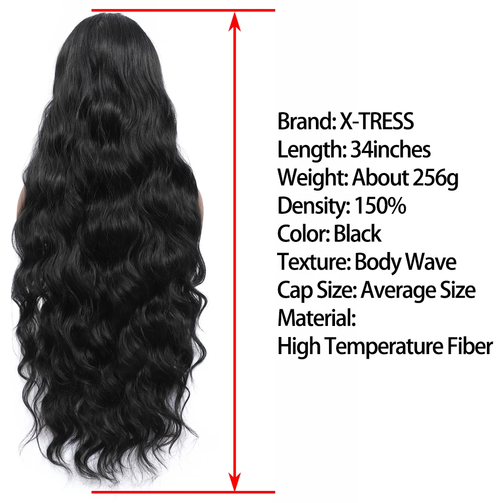 X-TRESS Long Synthetic Lace Wigs For Women 34inch Body Wave Middle Part Heat Resistant Fiber Hair Wig Natural Soft 150% Density