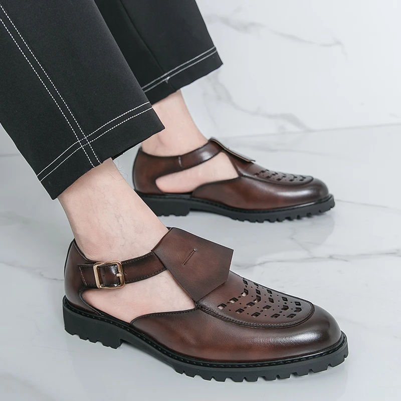 Men's Business Summer Leather Sandals Gentleman's high-quality British retro style Party or work High quality adult 38-46 dress