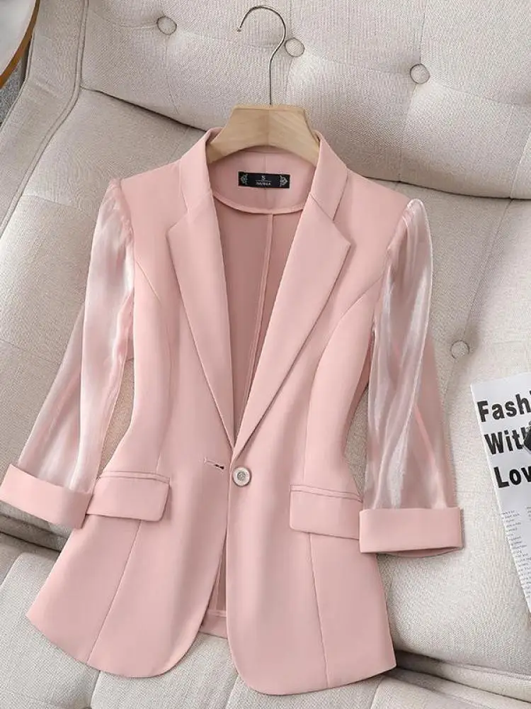 

Весенне-осенний черный, белый цвет, элегантный универсальный праздничный пиджак с рукавами семь четвертей, женские розовые, зеленые офисные топы на одной пуговице