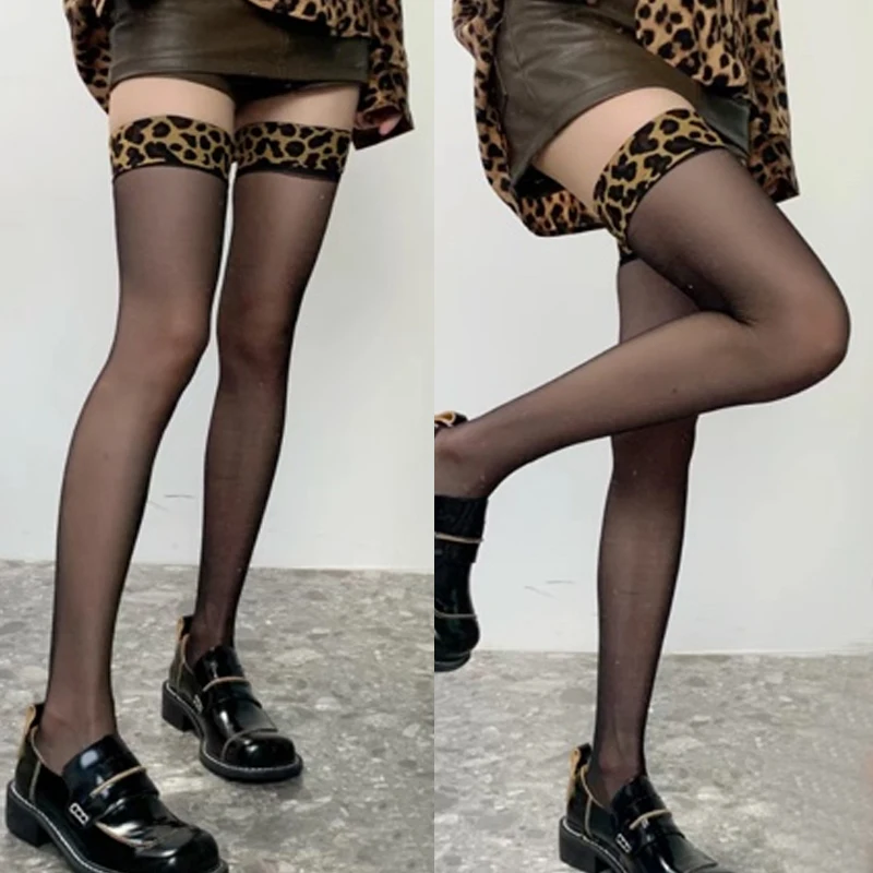 Meia com estampa de leopardo sexy meias pretas populares roupa interior feminina coxa alta sobre o joelho meias transparentes perna longa meias