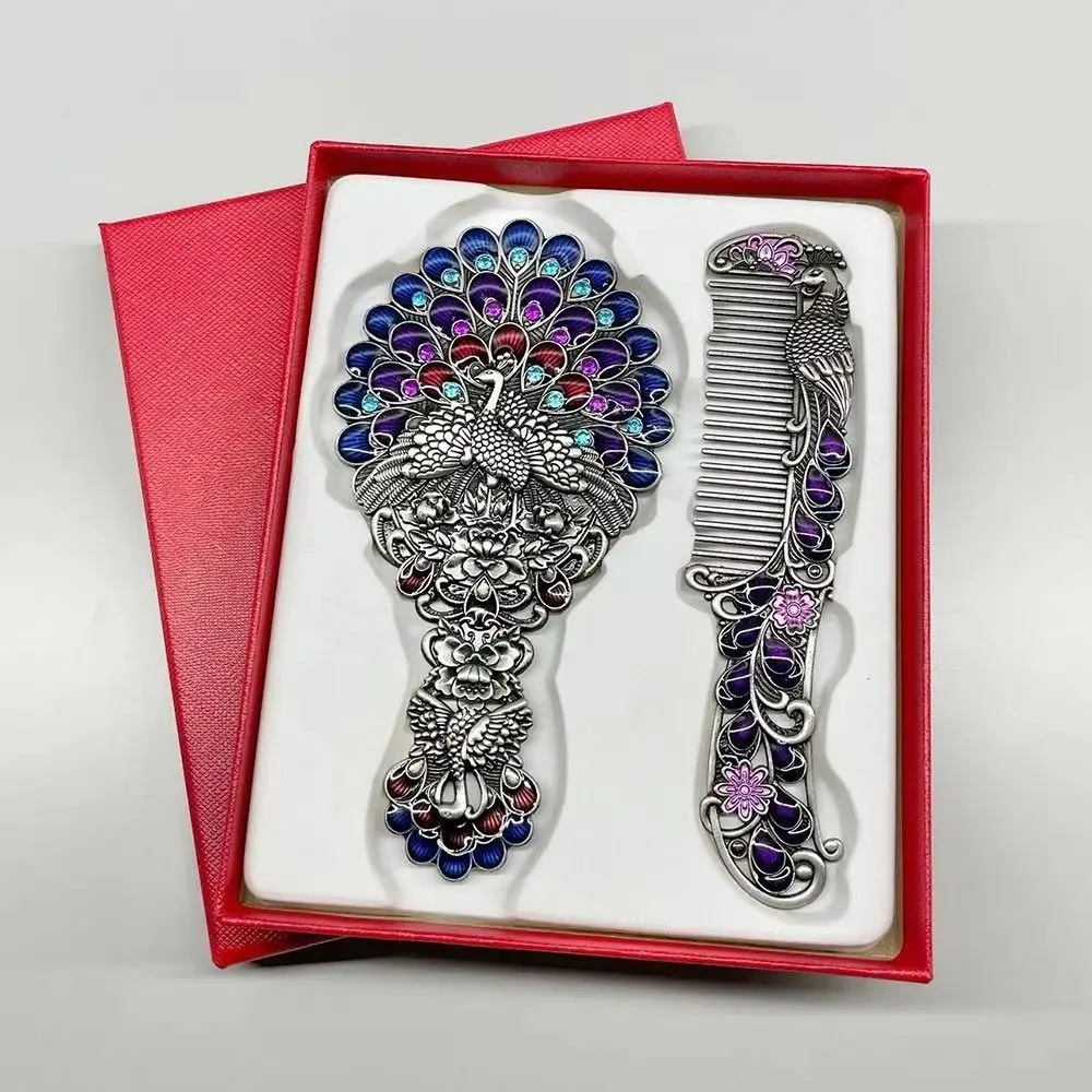 Portable Peacock Makeup Mirror Comb Set Vintage Hand-held Princess Make Up Mirror Carving Rhinestone with Gift Box Vanity Mirror