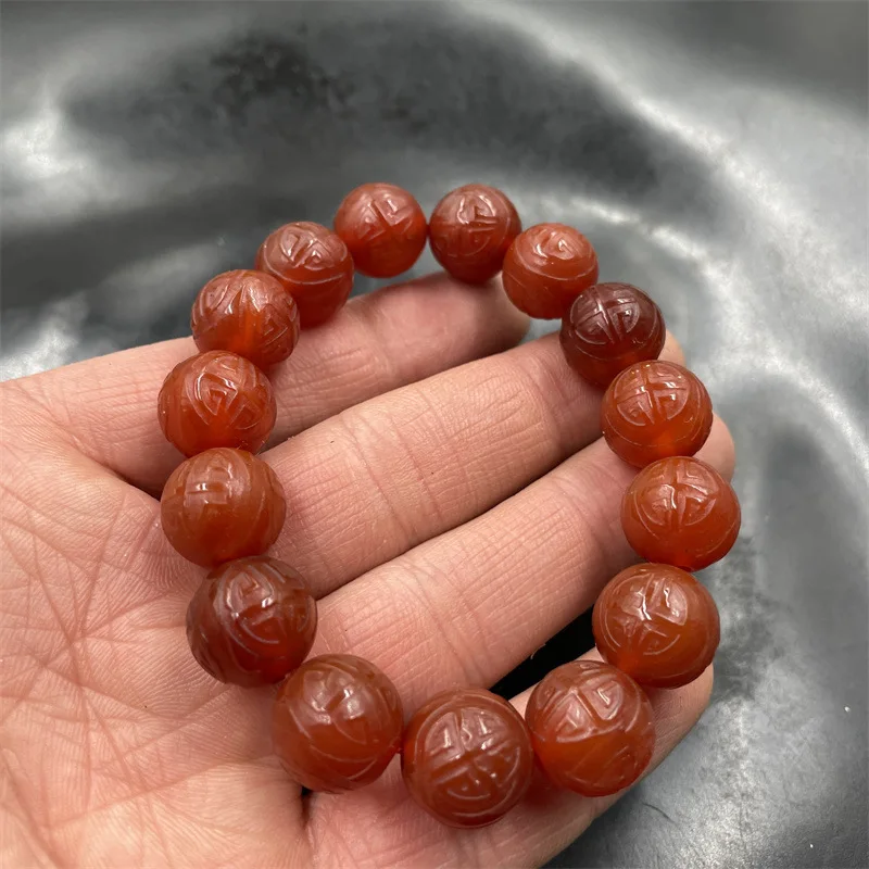 14Mm Patterned Carved Agate Bead Men And Women, Red Jade Bracelet With Character Shou