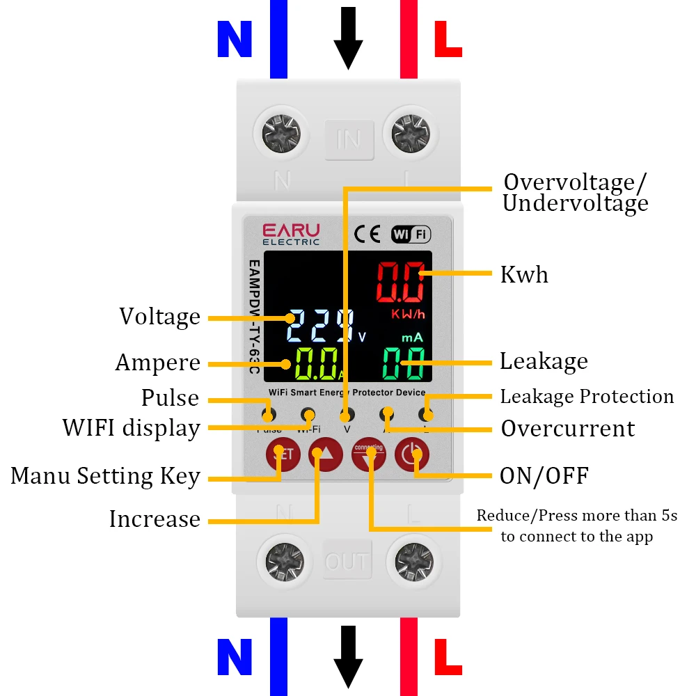 2P 63A TUYA APP WiFi Smart Circuit Earth Leakage Over Under Voltage Protector Relay Device Switch Breaker Energy Power kWh Meter
