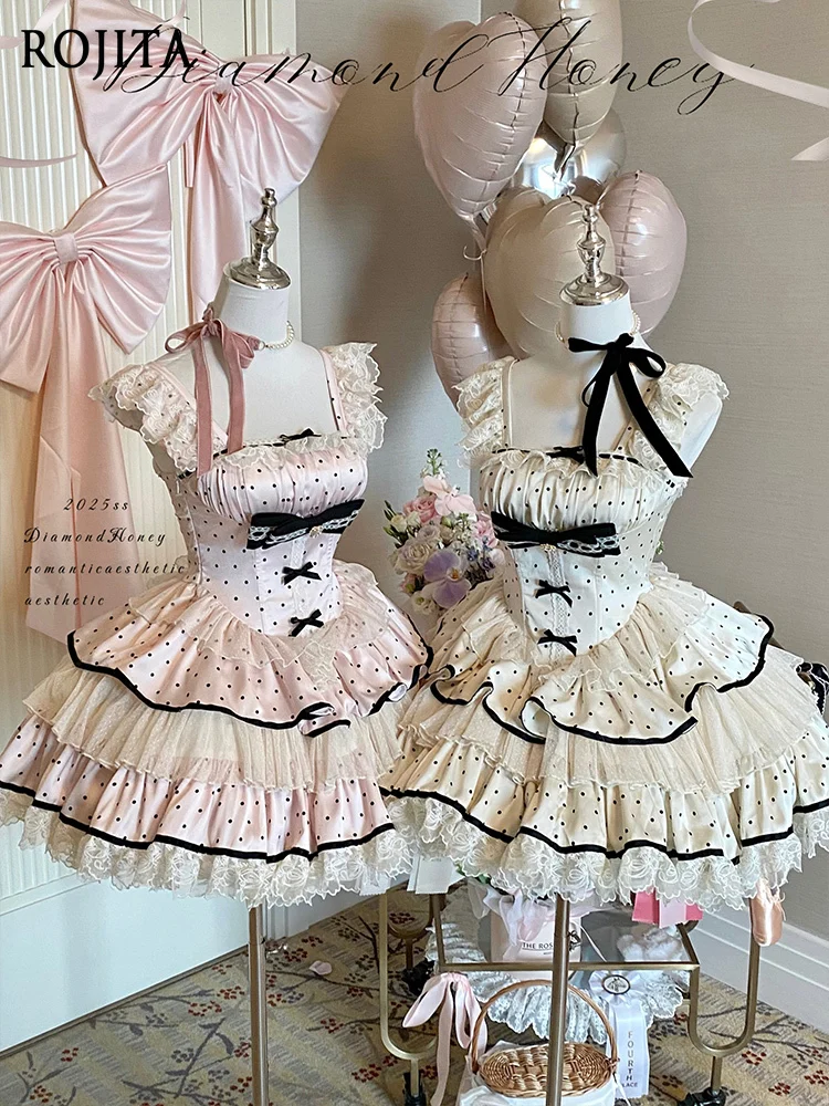 

Girls Polka Dot High Waist Lolita Short Dress Lace Splicing Flying Sleeve Suspender Dress Women Dating Commuter Princess Dress