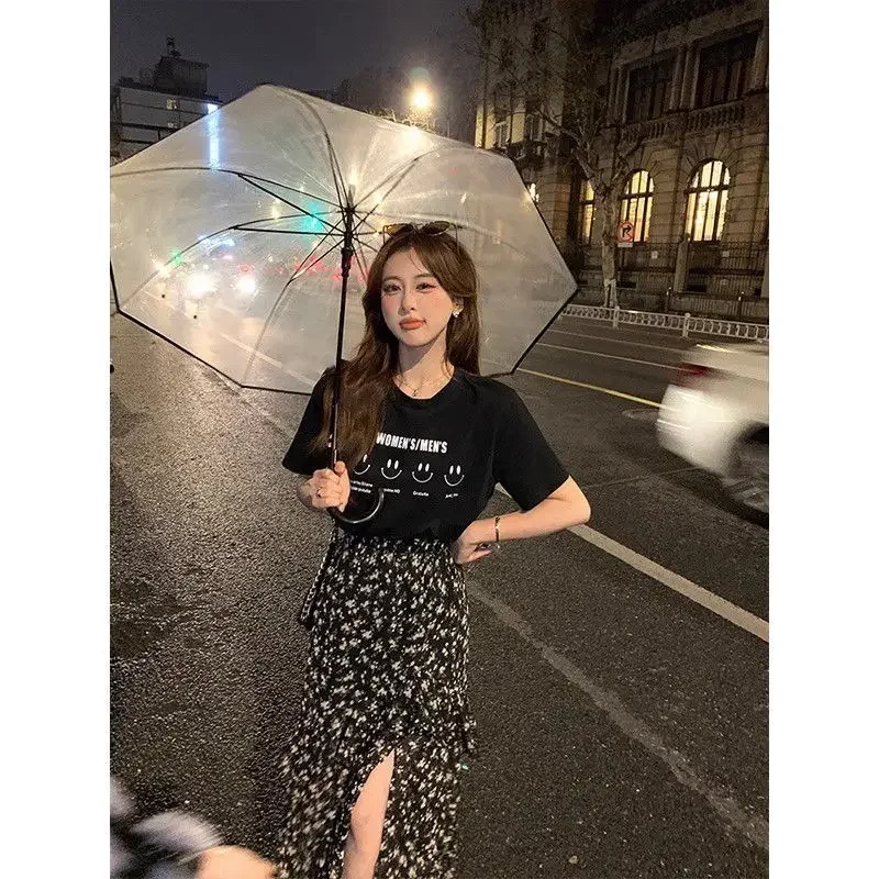 Single Piece/set Design Sense Floral Cake Skirt Female Fat MM Slit Skirt Matching Slimming T-shirt Two-piece Summer Set