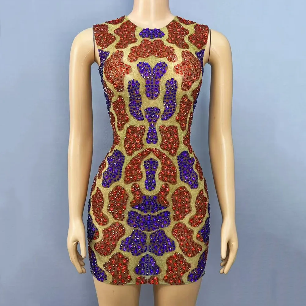 Luxury Rhinestones Short Dress Shiny Sleeveless Elastic Women Birthday Prom Tight Dress Singer Model Host Stage Catwalk Costume