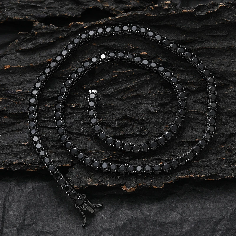 3-5mm Hip Hop Black CZ Stone Paved Bling Iced Out Tennis Link Chain Charm Necklace for Men Rapper Jewelry Black Silver Color