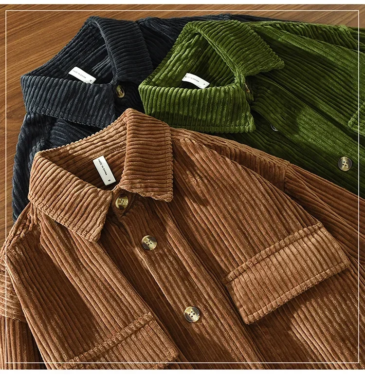 

Fall Winter Mens Long Sleeve Shirt Japanese Vintage Shirt Pure Cotton Thick Shirt Man Casual Double Pocket Corduroy Loose Shirts