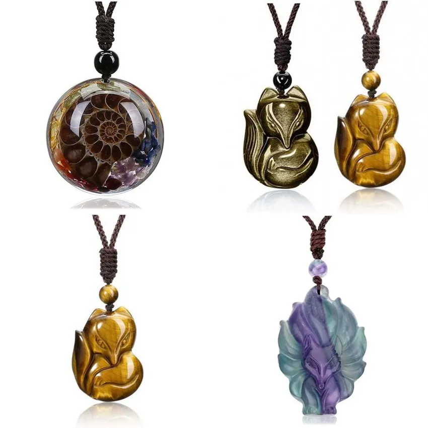 Natural 7 Chakra Ammonite Seashell Cabochon Fluorite Carved Fox Tiger Eye Stone Pendant Adjustable Rope Chain Necklace For Women