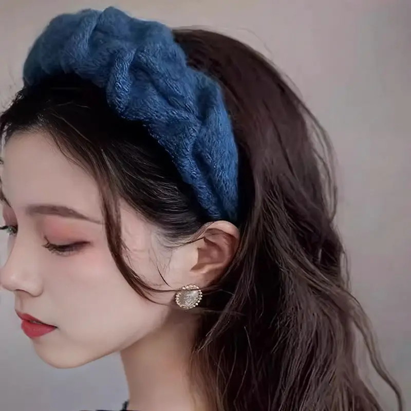 

Blue Wool Hair Hoop – Pleated Wide-Band for High Crown Lift, Premium Elegant Autumn Winter Headband for Women