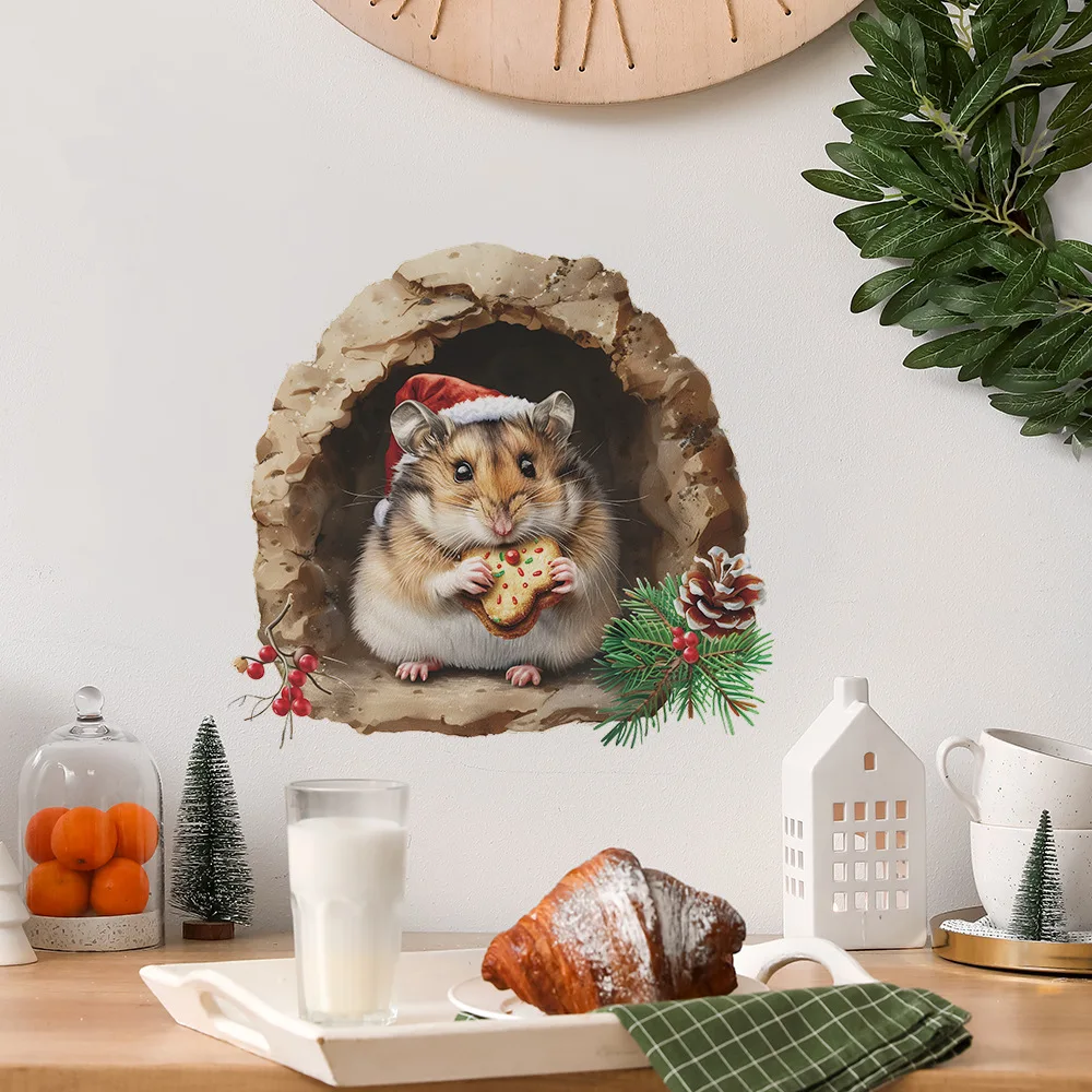 Cartoon Mouse Hole Wall Stickers for Kitchen Christmas Decoration PVC Merry Christmas Indoor Outdoor Hamster Mural Decals