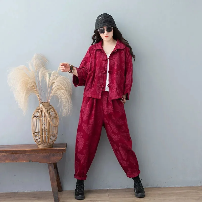 2024 Spring New Women Two Piece Set Retro Cotton And Hemp Two Piece Set For Women Button Loose Casual Lantern Pant Suit 4XL