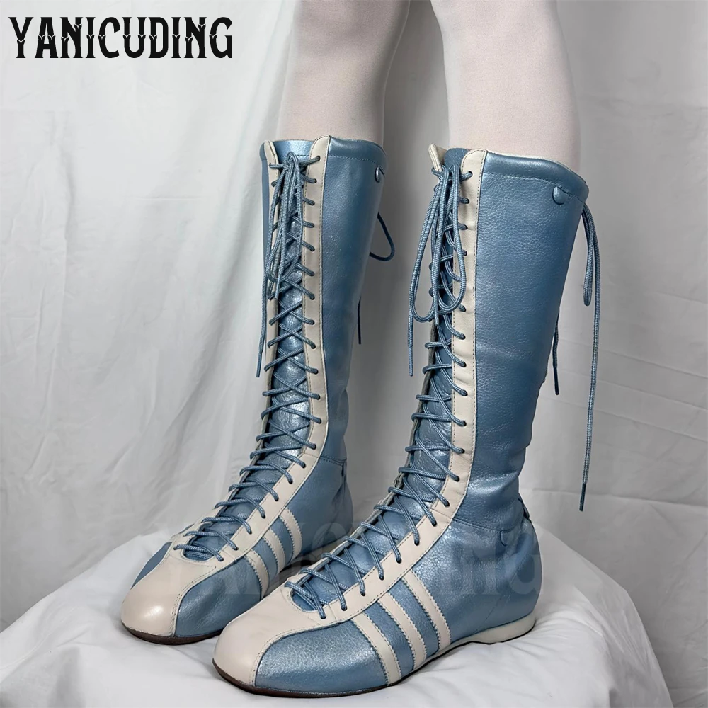 

Sporty Style Knee-High Boots for Women Round Toe Comfortable Lace-Up Flat Boots Customizable Multi-color Leather Novelty Boots
