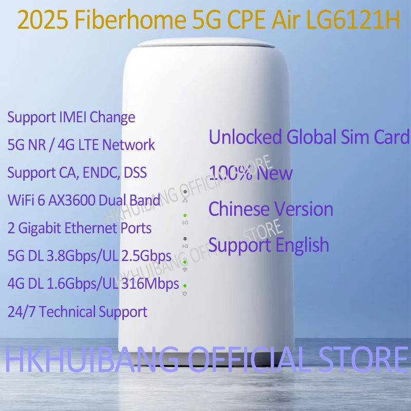 2025 FiberHome 5G CPE Air LG6121H WiFi 6 AX3600 Wireless Router Gigabit Ethernet Ports 5G NR 4G LTE CAT19 Sim Card Home Modem