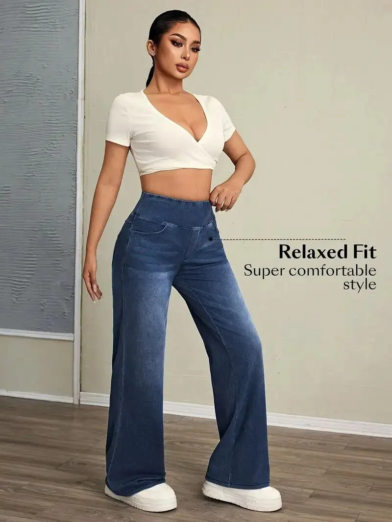 Damen-Jeans, neue elastische Taille, hoher Stretch, lockere Hose mit geradem Bein, trendige, bequeme, vielseitige, grenzüberschreitende Hose – Detail 4