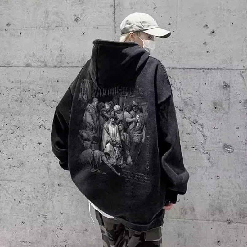 American Retro Gothic Hoodie for Men Autumn Winter Oversized Baggy Men's Hoodies Sweatshirt Y2k Hip Hop Streetwear Men Clothing