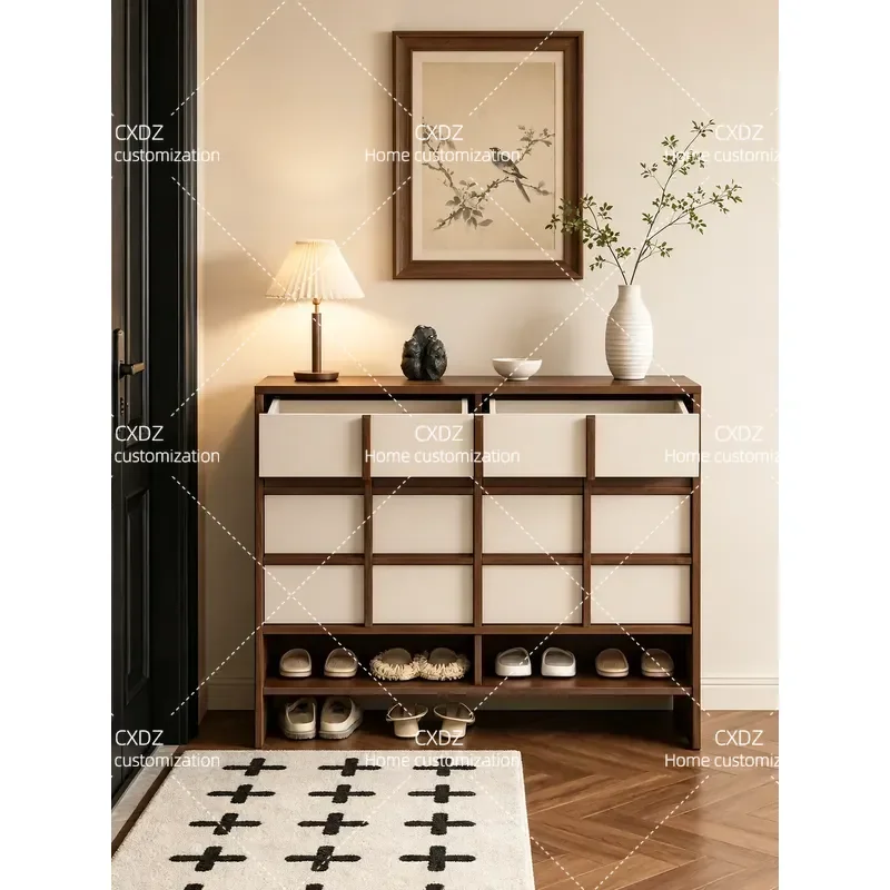Cream Antique Shoe Cabinet Household Entrance Storage Integrated Against Wall Large Capacity Multi Layer 2026 New Model