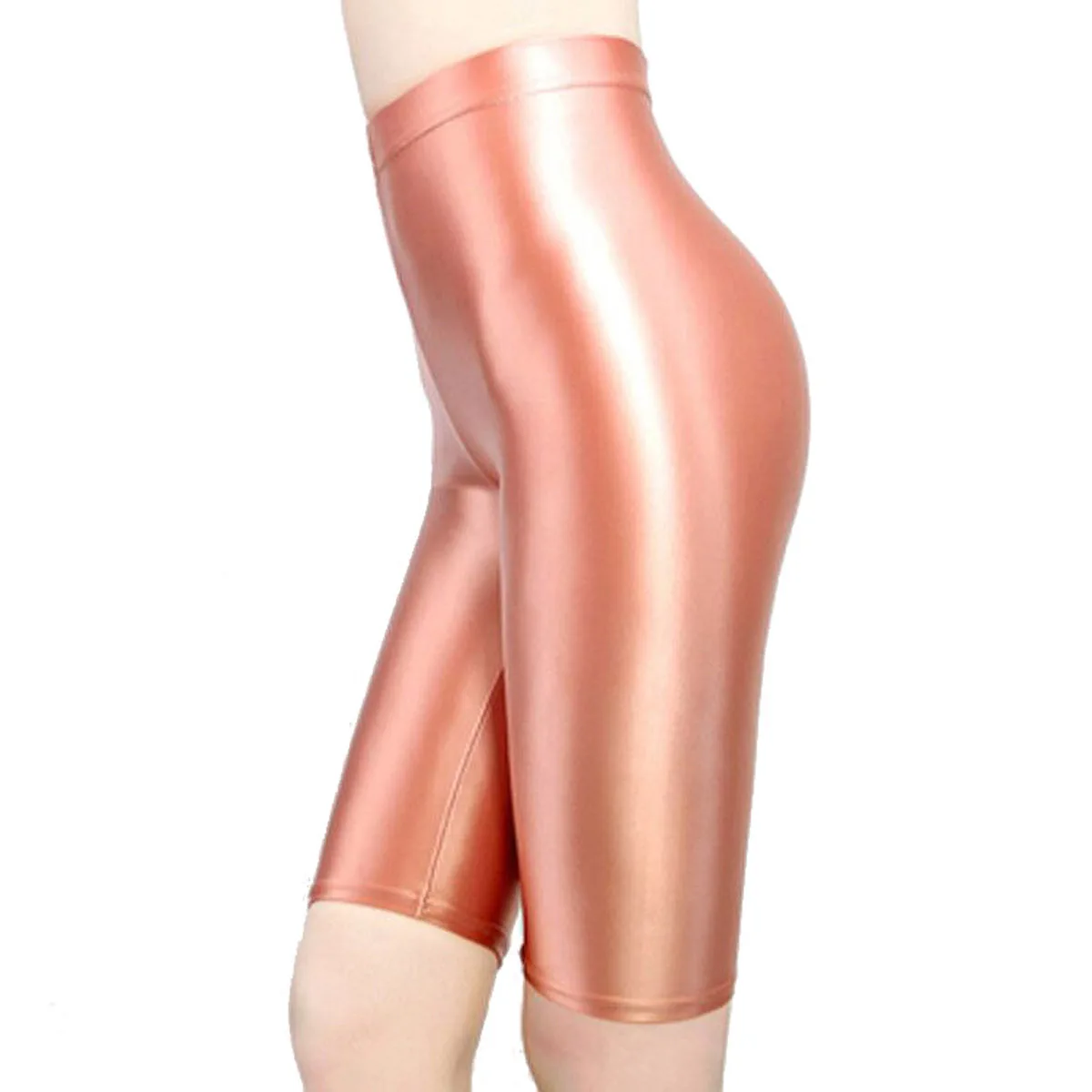 MJINM オイル光沢サテンのような滑らかで伸縮性があり通気性のあるハイウエストスリムフィットボディビルディングスポーツヨガレギンスカジュアル膝丈パンツ