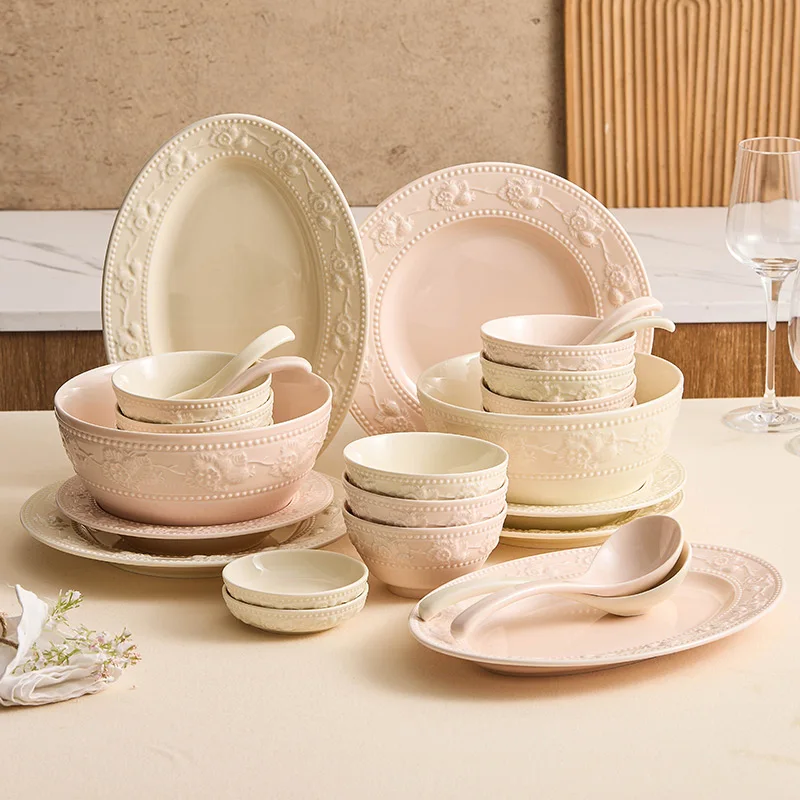 Relief Tableware Bowl and Plate Set Creative Tableware Ceramic Bowl and Plate Dinner Plate