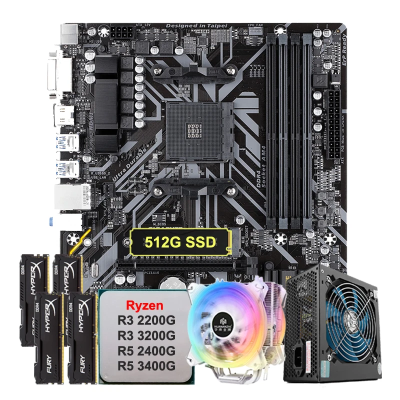 B450 AM4 Motherboard Set CPU Ryzen 3 3200G RYZEN 5 3400G CPU Cooler 512G M.2 NVMe SSD RAM 4*8G 32G DDR4 3200 Memory 600W PSU