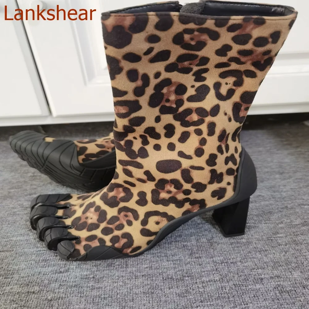 Split Toe Square Toe Women Boots Square Heel Modern Side Zipper Mixed Color Mid Calf Fashion Sexy Women Shoes 2024 New Arrivals