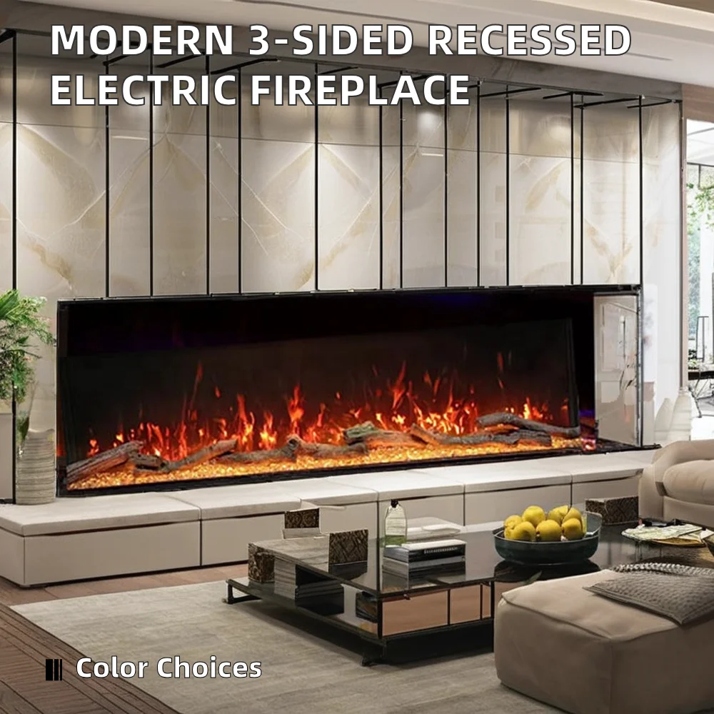 2026 Hot SellingModern 3-Sided Electric Fireplace 40-100 Inch Recessed Wall Insert for Household or Hotel Use
