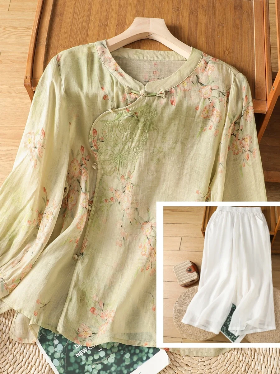 

Elegant New Cotton Linen Embroidered Top Slimming Fashionable Long Pants Set Women's Fashion Set Summer Season Regular Sleeve
