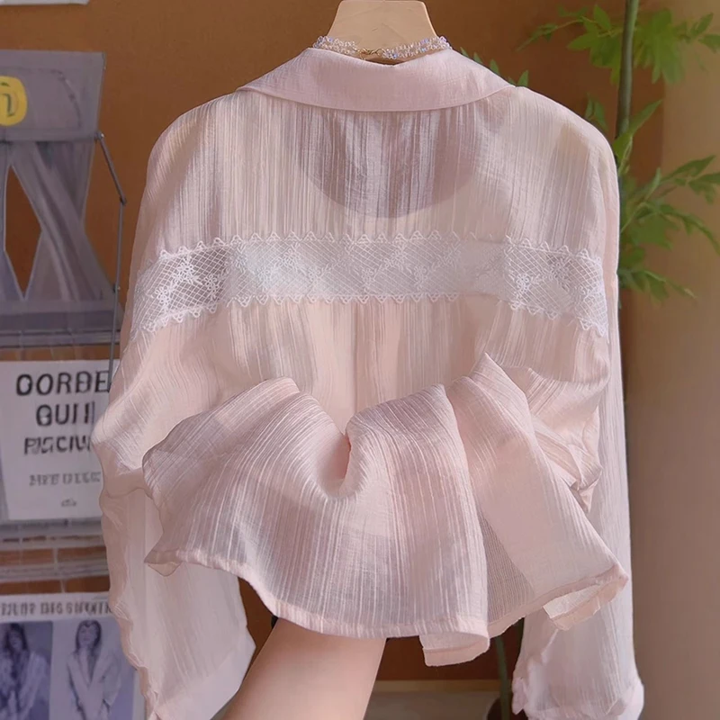 Blue Lightweight  Collar Sun Protection irt Women's Summer New Sle Lace Splicing Breathable Light Weight Open Cardiga...