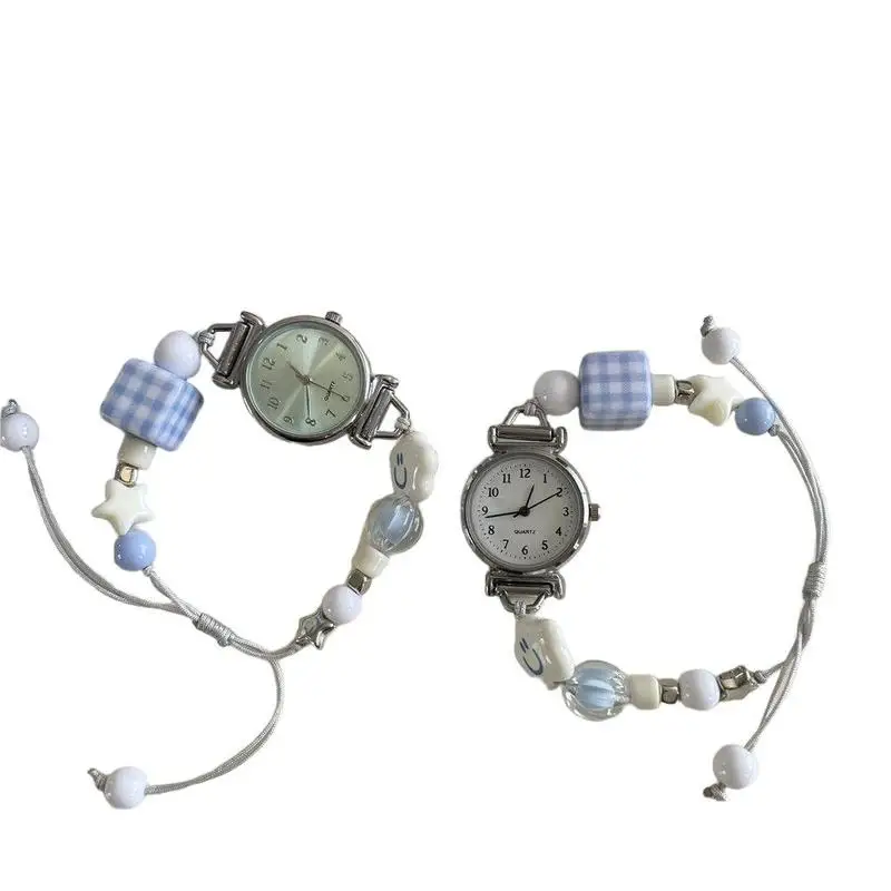 Women's Korean Style Milk Blue Plaid Quartz Watch with Beaded Adjustable Drawstring Strap Stylish Attractive Ladies Wristwatches