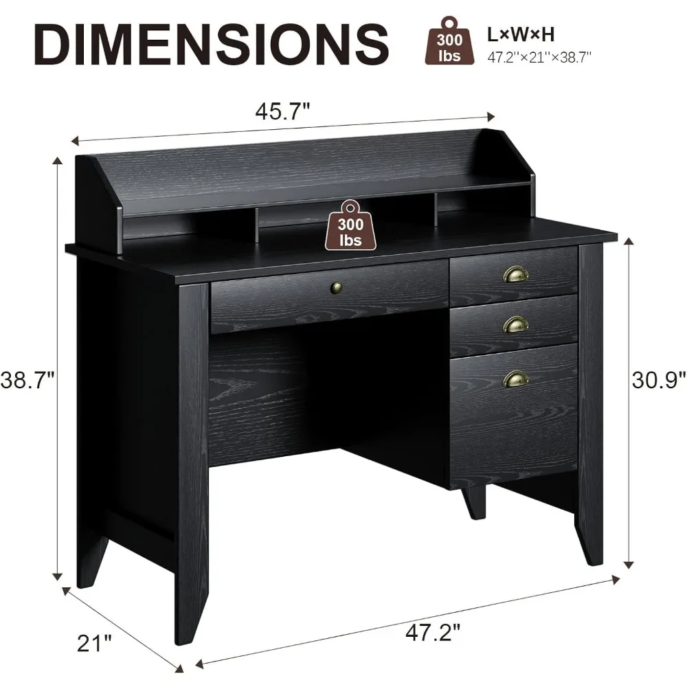 4 EVER WINNER Desk with Drawers and Hutch, 47 Inch Home Office Desk with File Drawer and Monitor Stand, Wood Executive Desk Writ