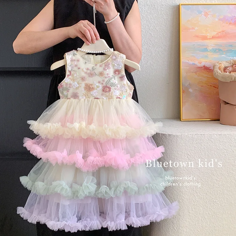 

2025Girls' Summer New Fashionable Embroidered Mesh Puffy Fairy Princess Dress