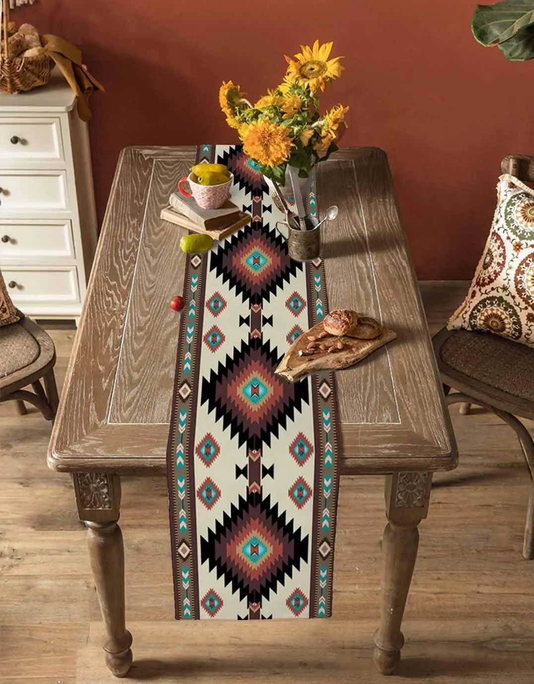Brown Teal Southwest Linen Table Runner Western Geometric Abstract Ethnic Dresser Scarf Table Decor Home Dining Party Decoration