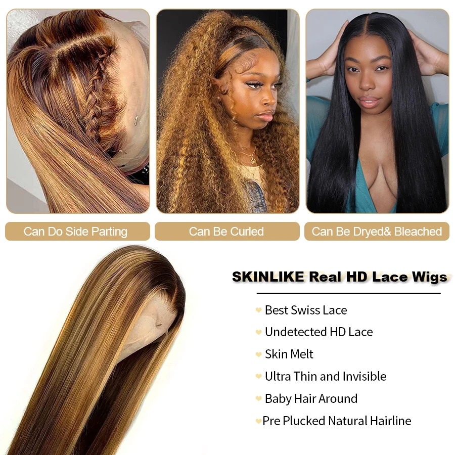 BEEOS 34in Honey Blonde Highlight 13x6 Full frontal HD Lace Wigs Straight Bleached 5x5 HD Lace Closure Wigs 100% Wigs For Women